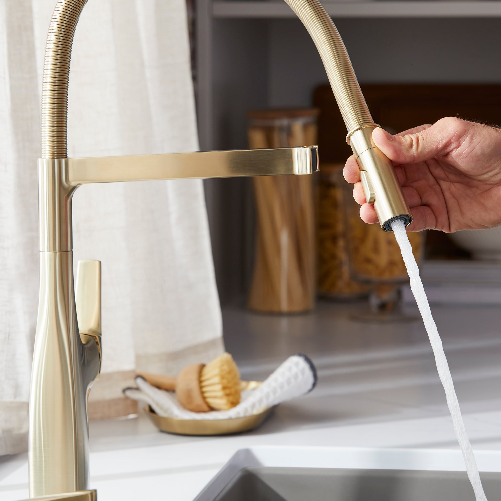 Blanco Rivana Semi-Pro Pull-Down Dual-Spray Kitchen Faucet, Satin Gold, 1.5 GPM, Brass, 442984
