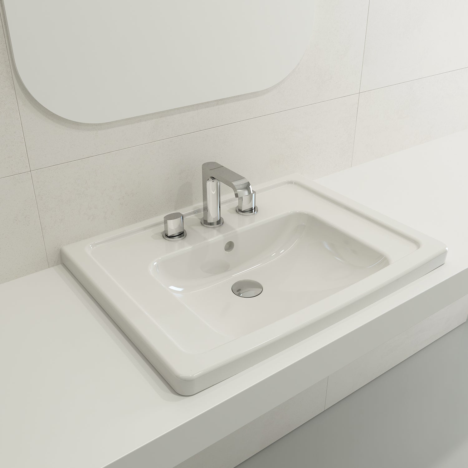 BOCCHI Taormina 26" Rectangle Wallmount Fireclay Bathroom Sink, White, 3 Faucet Hole, 1007-001-0127