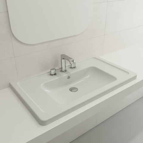BOCCHI Taormina 34" Rectangle Wallmount Fireclay Bathroom Sink, Matte White, 3 Faucet Hole, 1008-002-0127