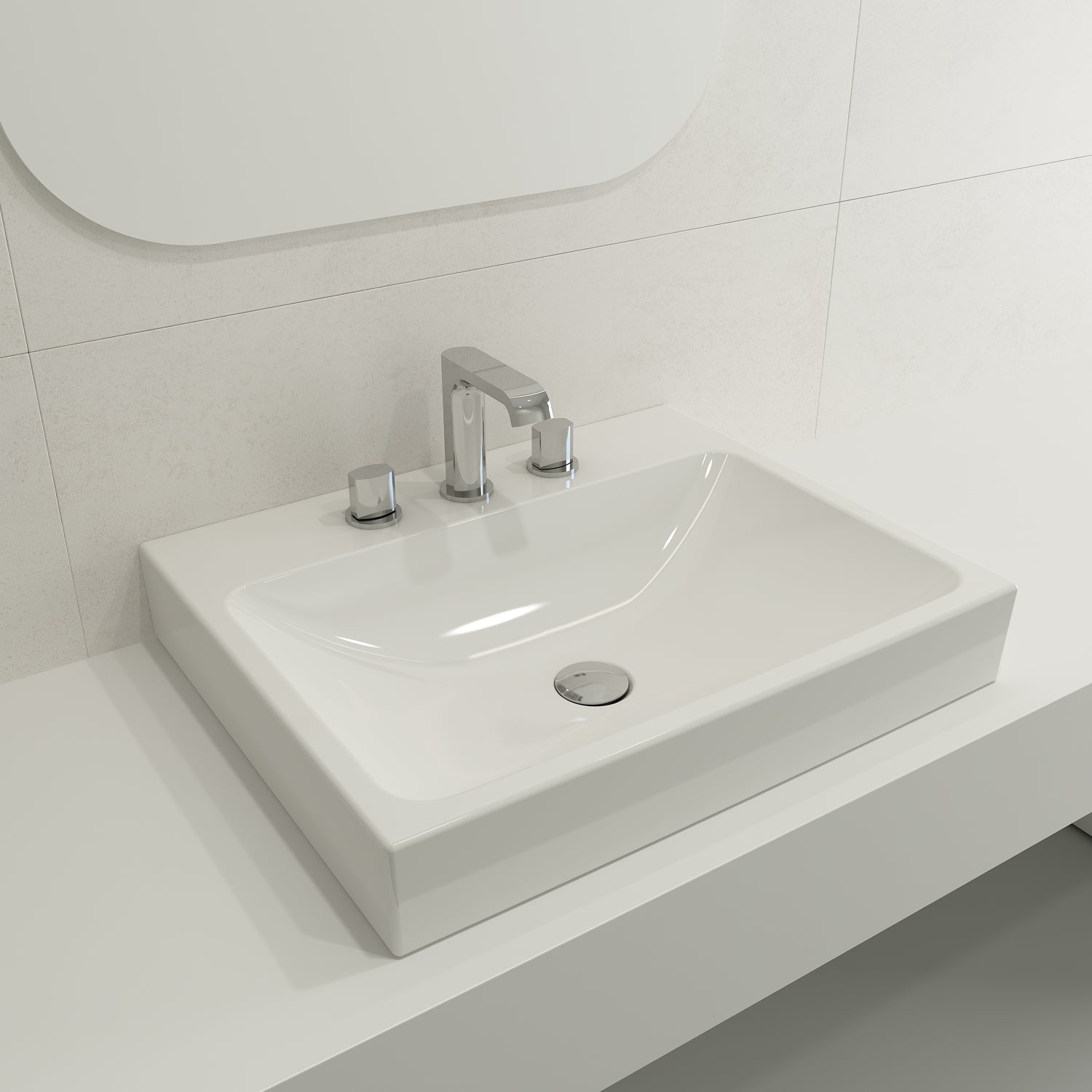 BOCCHI Scala 24" Rectangle Wallmount Fireclay Bathroom Sink, White, 3 Faucet Hole, 1077-001-0127