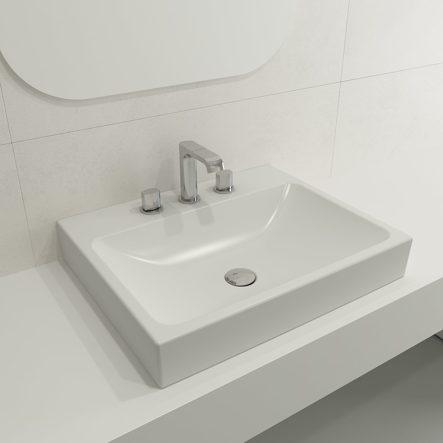 BOCCHI Scala 24" Rectangle Wallmount Fireclay Bathroom Sink, Matte White, 3 Faucet Hole, 1077-002-0127