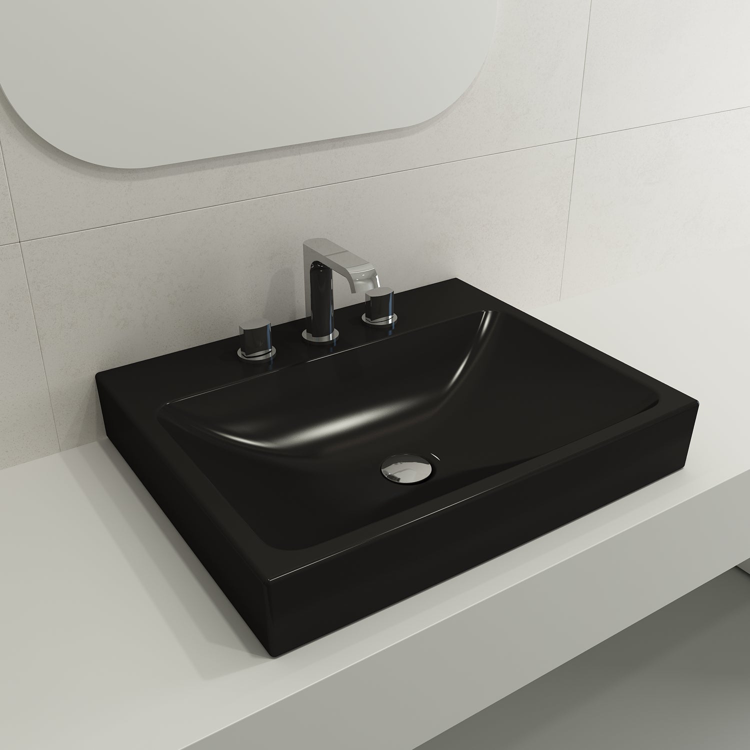 BOCCHI Scala 24" Rectangle Wallmount Fireclay Bathroom Sink, Matte Black, 3 Faucet Hole, 1077-004-0127