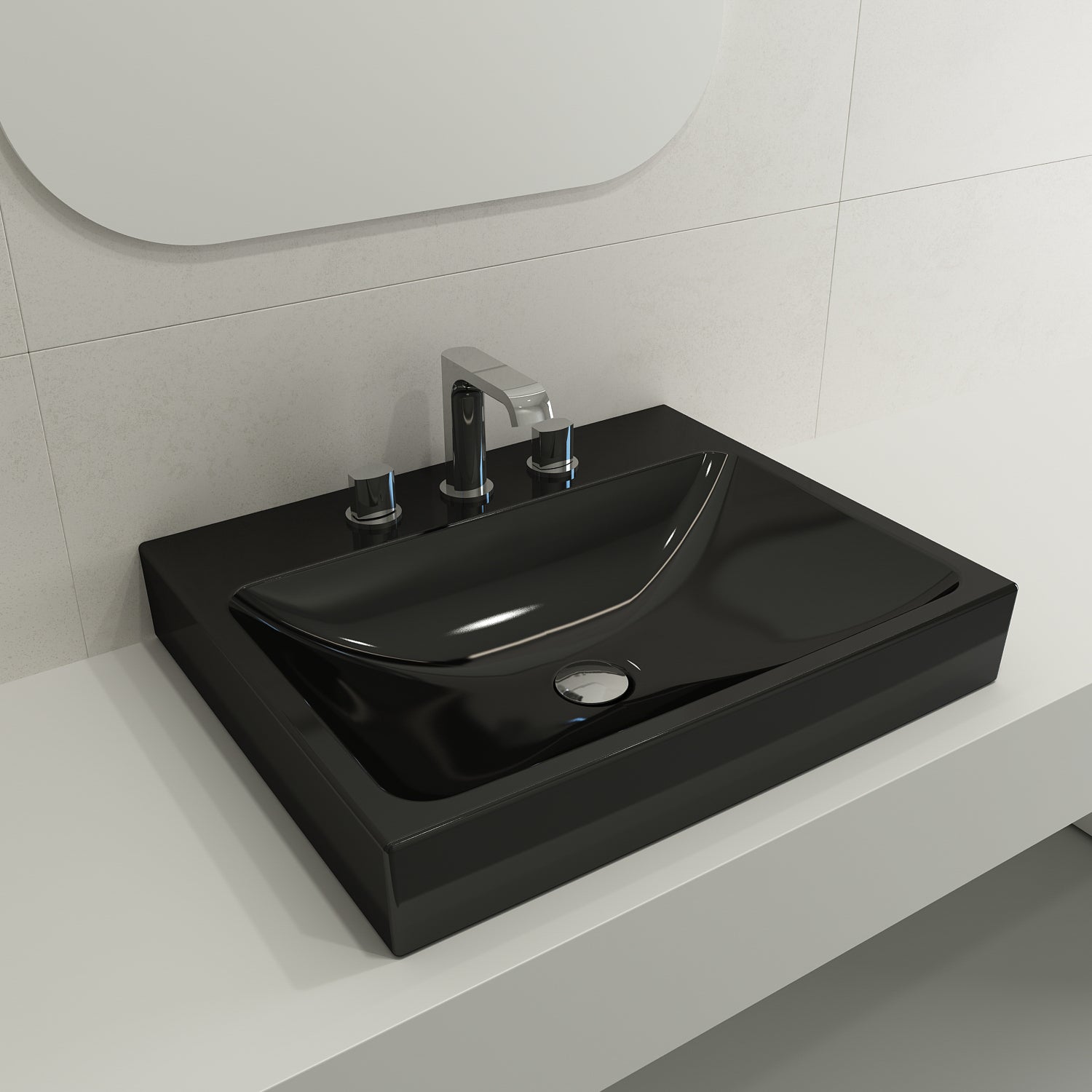 BOCCHI Scala 24" Rectangle Wallmount Fireclay Bathroom Sink, Black, 3 Faucet Hole, 1077-005-0127