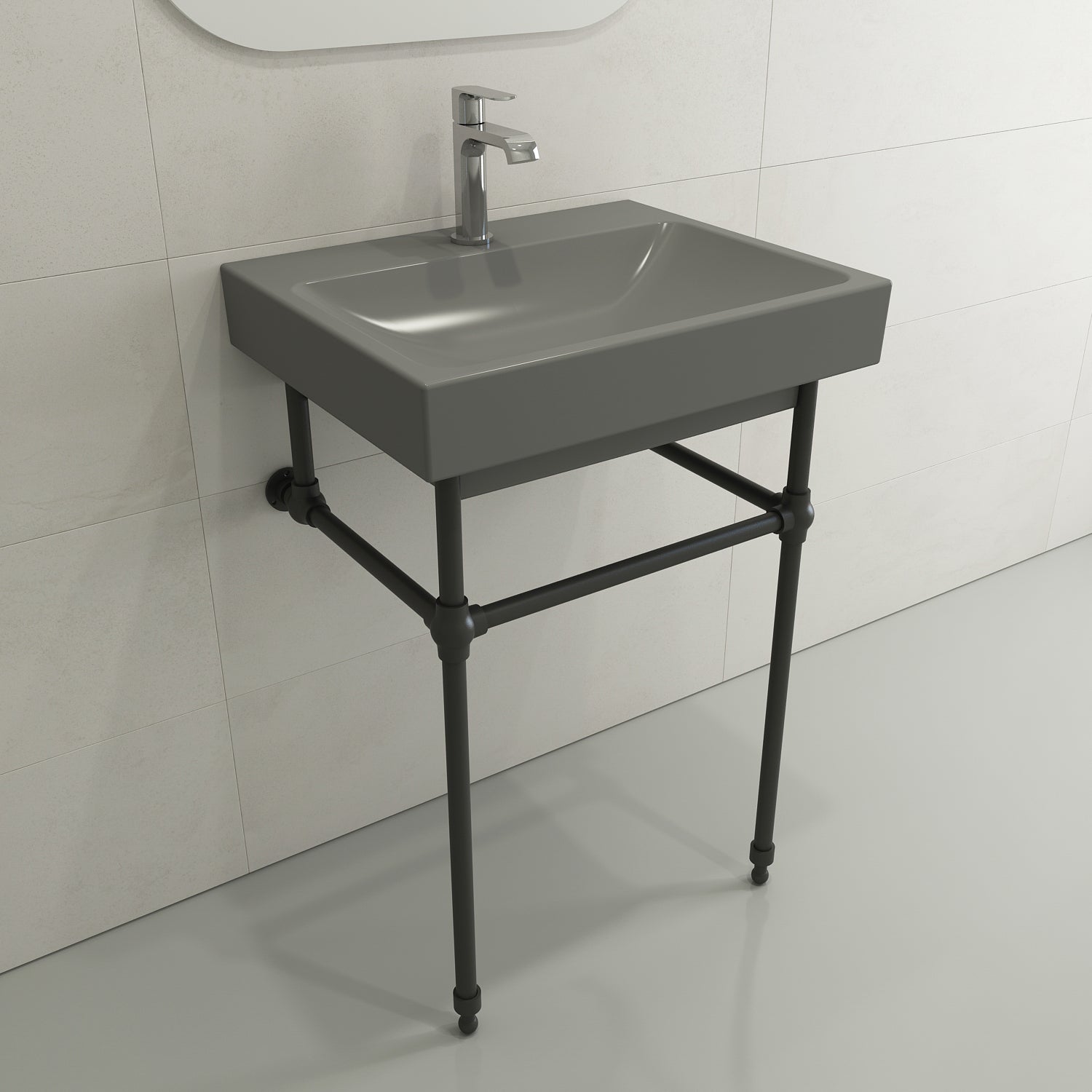 BOCCHI Scala 24" Rectangle Wallmount Fireclay Bathroom Sink, Matte Gray, Single Faucet Hole, 1077-006-0126
