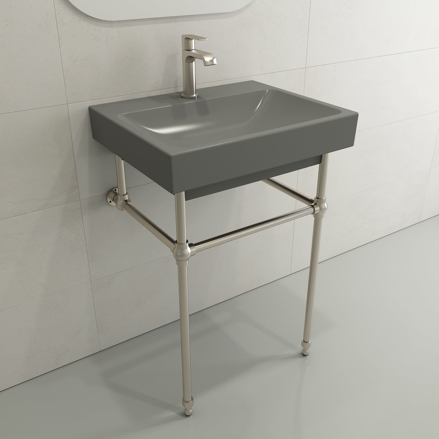 BOCCHI Scala 24" Rectangle Wallmount Fireclay Bathroom Sink, Matte Gray, Single Faucet Hole, 1077-006-0126