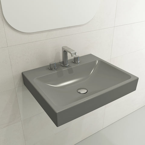 BOCCHI Scala 24" Rectangle Wallmount Fireclay Bathroom Sink, Matte Gray, 3 Faucet Hole, 1077-006-0127