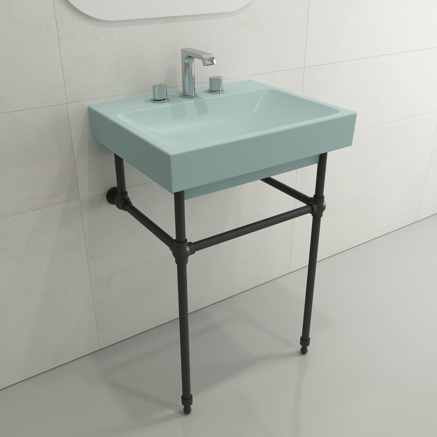 BOCCHI Scala 24" Rectangle Wallmount Fireclay Bathroom Sink, Matte Ice Blue, 3 Faucet Hole, 1077-029-0127