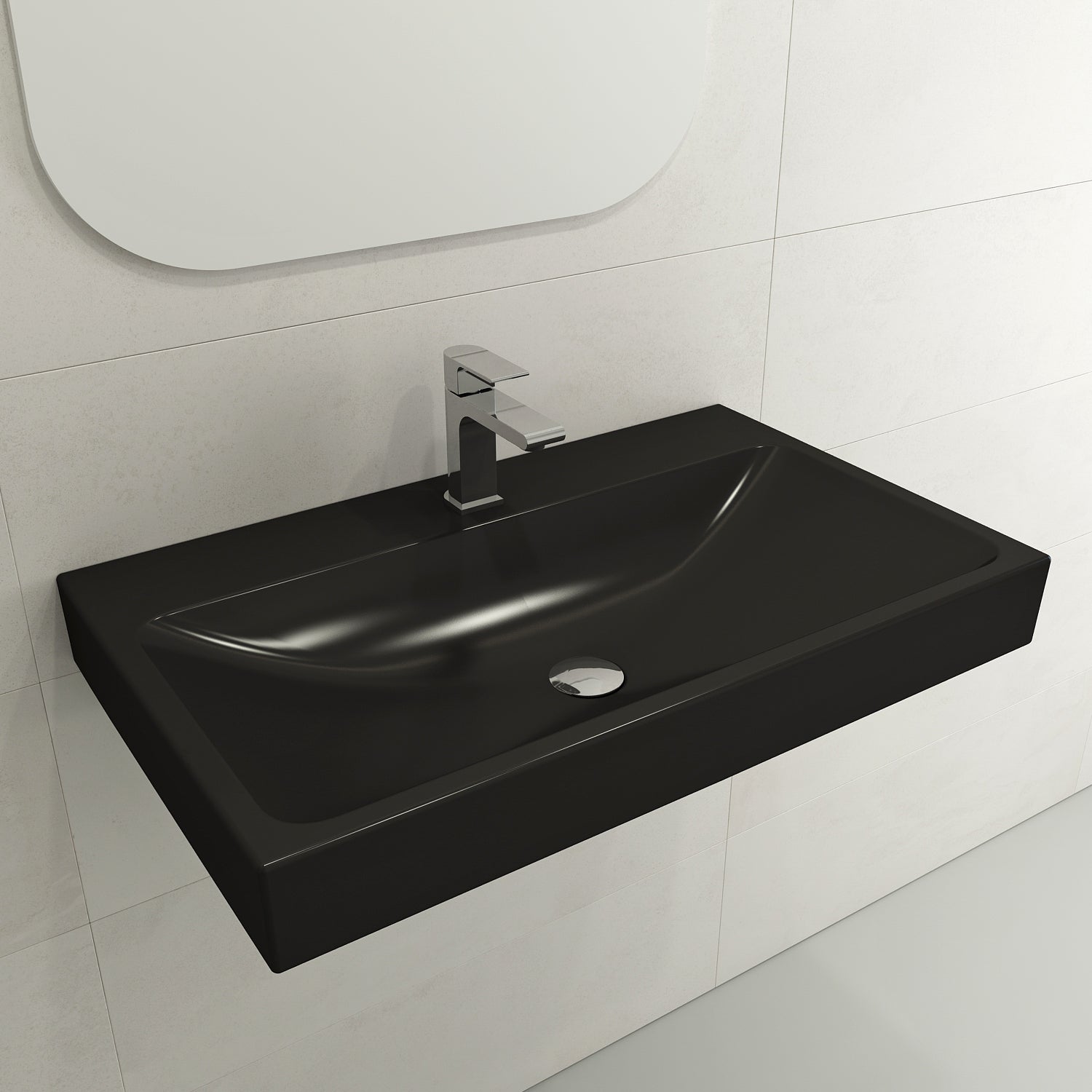 BOCCHI Scala 32" Rectangle Wallmount Fireclay Bathroom Sink, Matte Black, Single Faucet Hole, 1078-004-0126