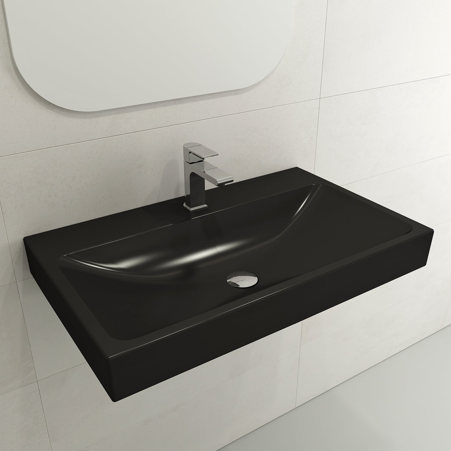 BOCCHI Scala 32" Rectangle Wallmount Fireclay Bathroom Sink, Matte Black, Single Faucet Hole, 1078-004-0126