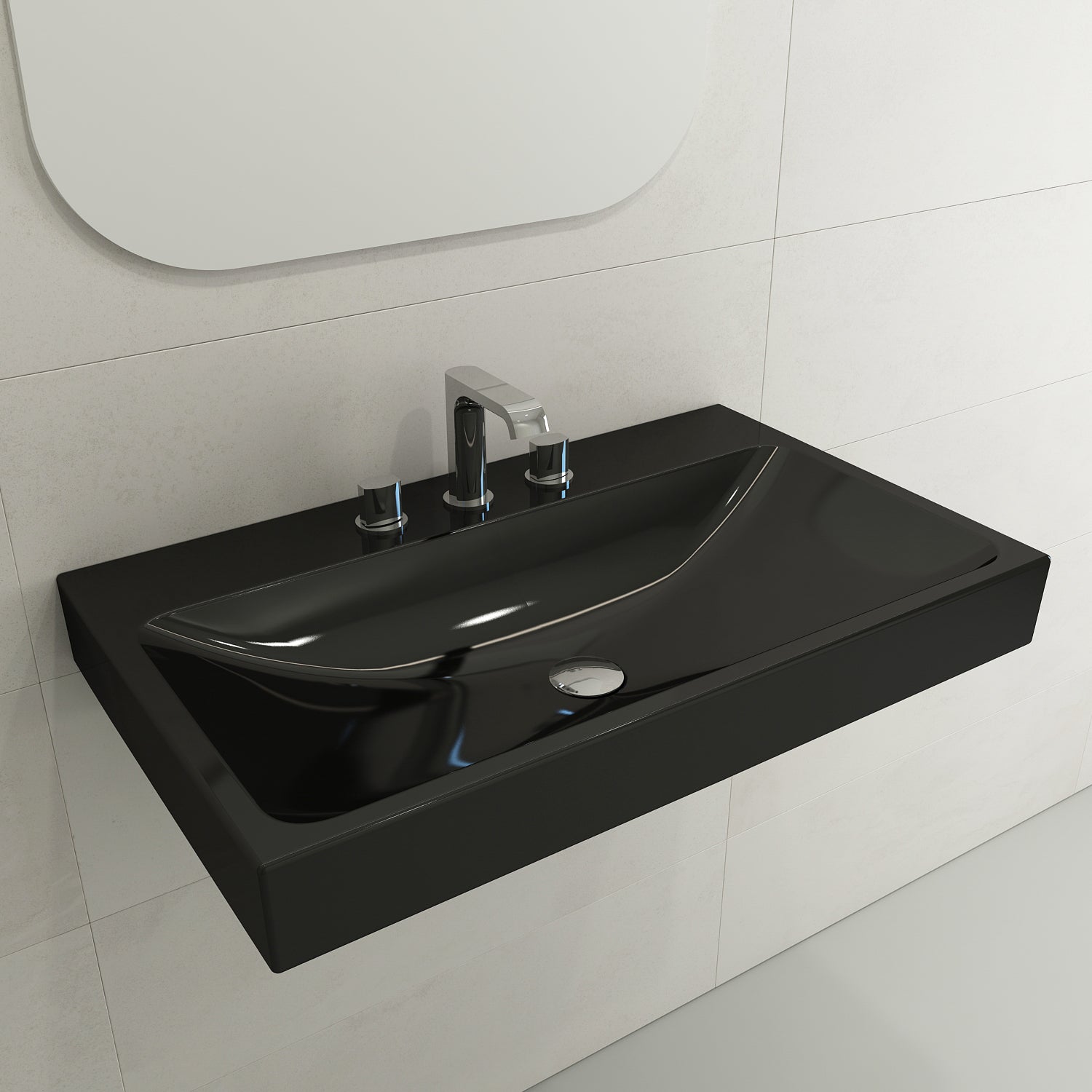 BOCCHI Scala 32" Rectangle Wallmount Fireclay Bathroom Sink, Black, 3 Faucet Hole, 1078-005-0127