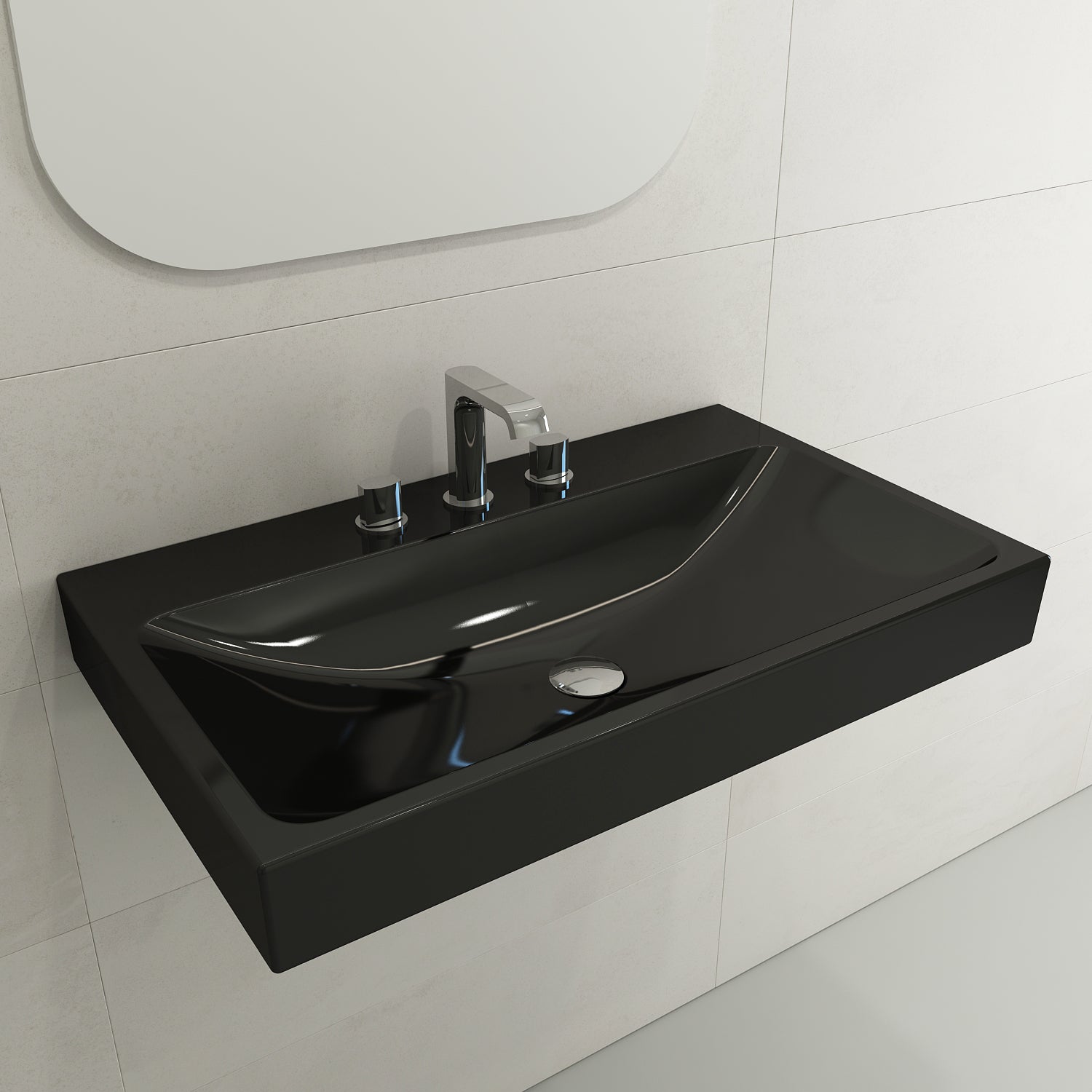 BOCCHI Scala 32" Rectangle Wallmount Fireclay Bathroom Sink, Black, 3 Faucet Hole, 1078-005-0127