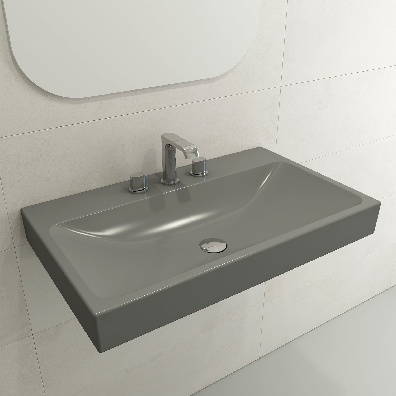 BOCCHI Scala 32" Rectangle Wallmount Fireclay Bathroom Sink, Matte Gray, 3 Faucet Hole, 1078-006-0127