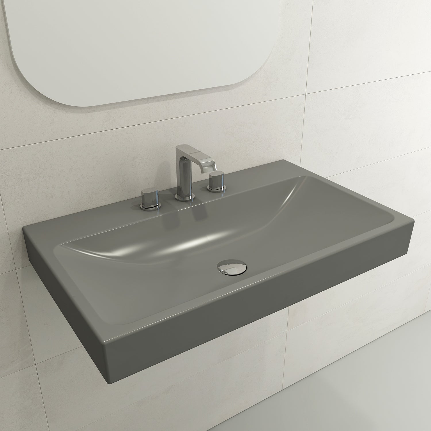 BOCCHI Scala 32" Rectangle Wallmount Fireclay Bathroom Sink, Matte Gray, 3 Faucet Hole, 1078-006-0127