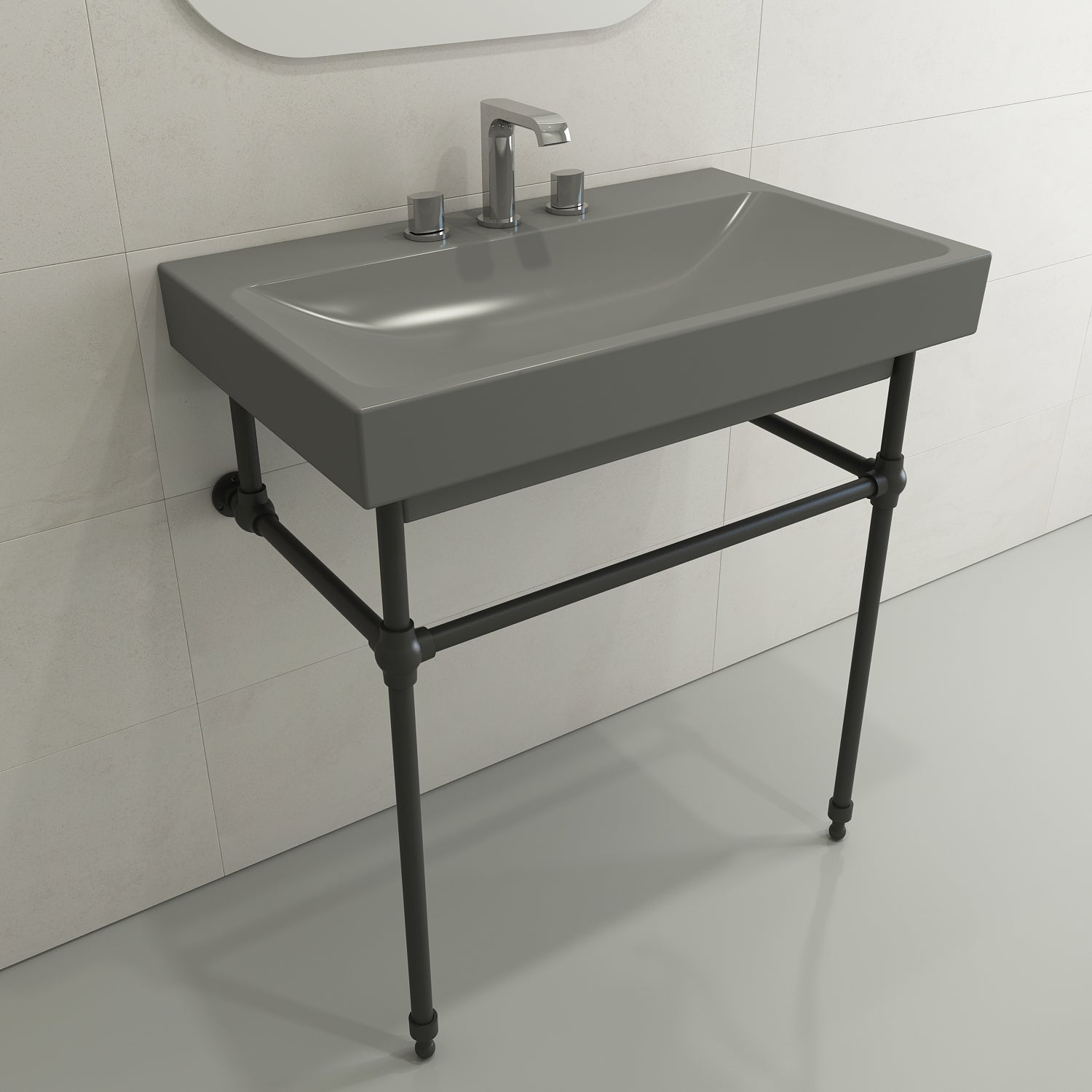 BOCCHI Scala 32" Rectangle Wallmount Fireclay Bathroom Sink, Matte Gray, 3 Faucet Hole, 1078-006-0127