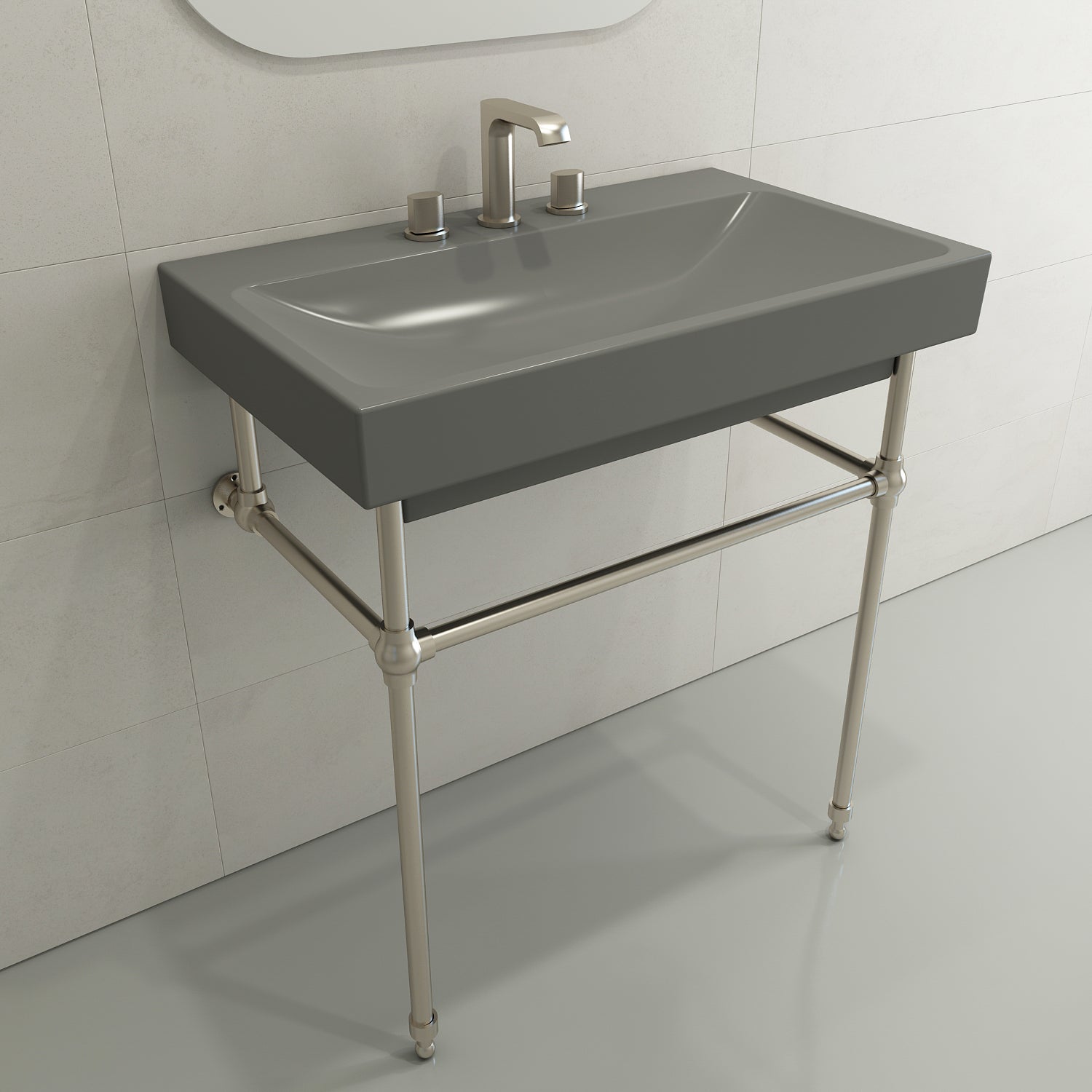 BOCCHI Scala 32" Rectangle Wallmount Fireclay Bathroom Sink, Matte Gray, 3 Faucet Hole, 1078-006-0127