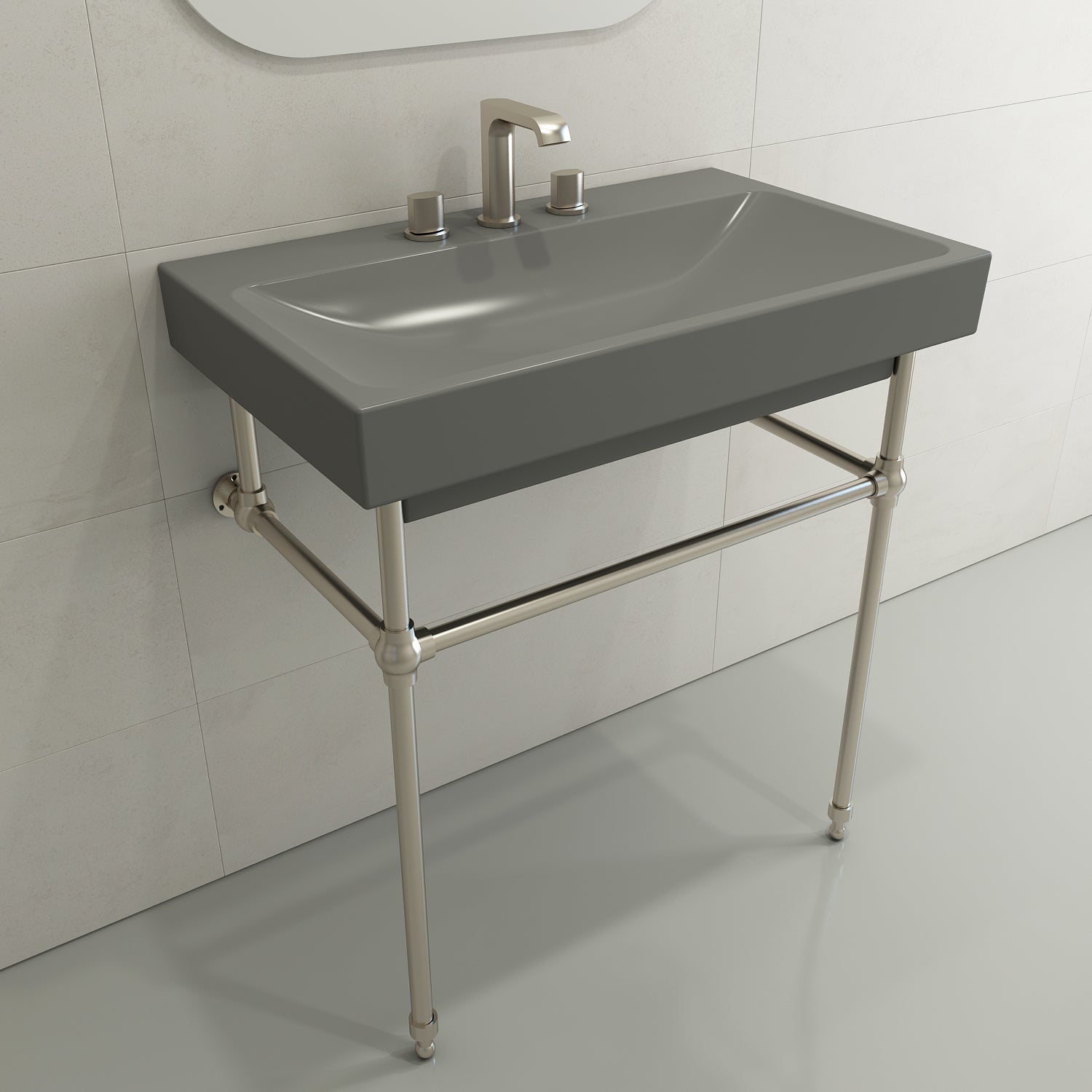 BOCCHI Scala 32" Rectangle Wallmount Fireclay Bathroom Sink, Matte Gray, 3 Faucet Hole, 1078-006-0127