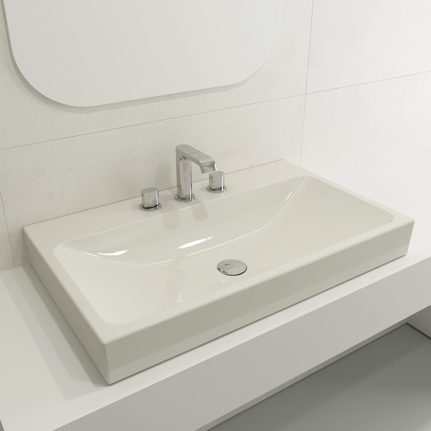 BOCCHI Scala 32" Rectangle Wallmount Fireclay Bathroom Sink, Biscuit, 3 Faucet Hole, 1078-014-0127