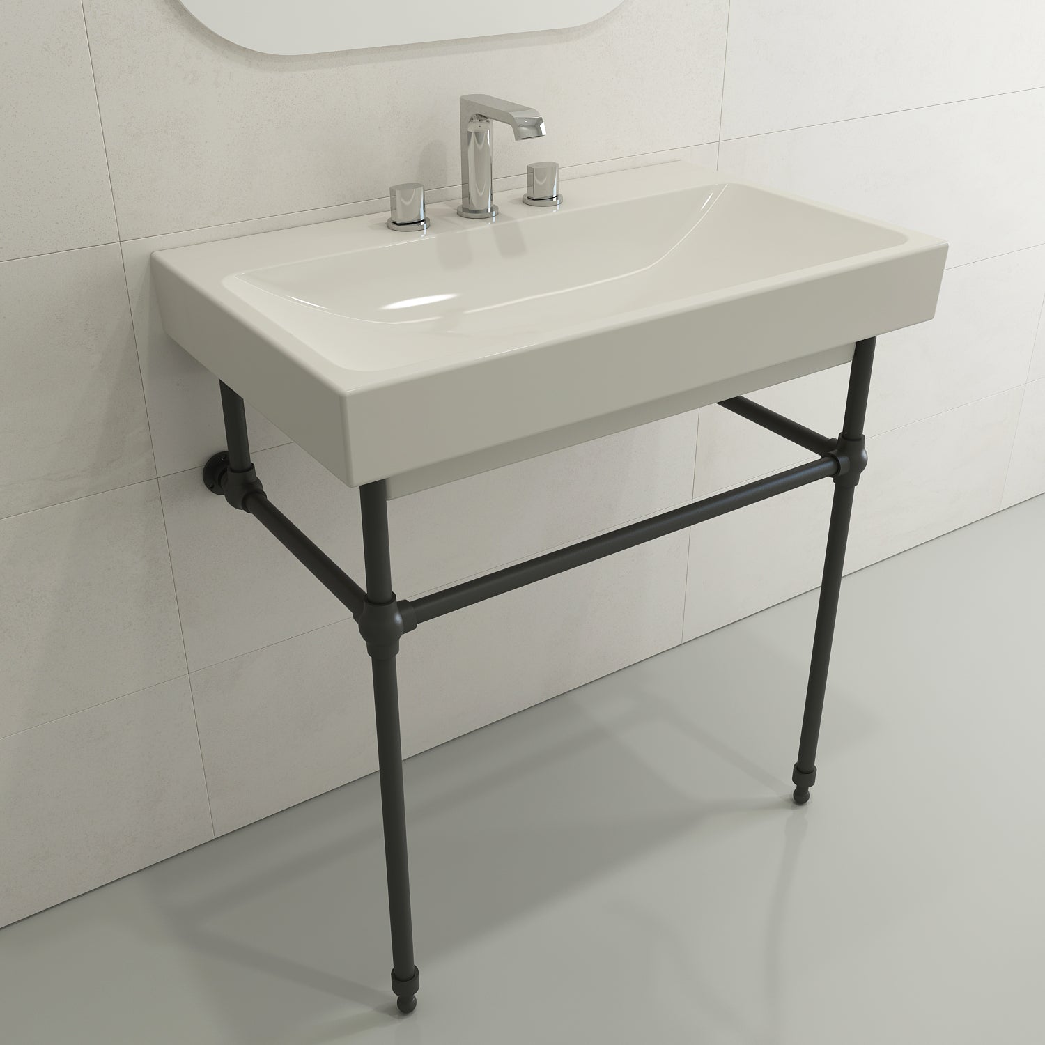 BOCCHI Scala 32" Rectangle Wallmount Fireclay Bathroom Sink, Biscuit, 3 Faucet Hole, 1078-014-0127