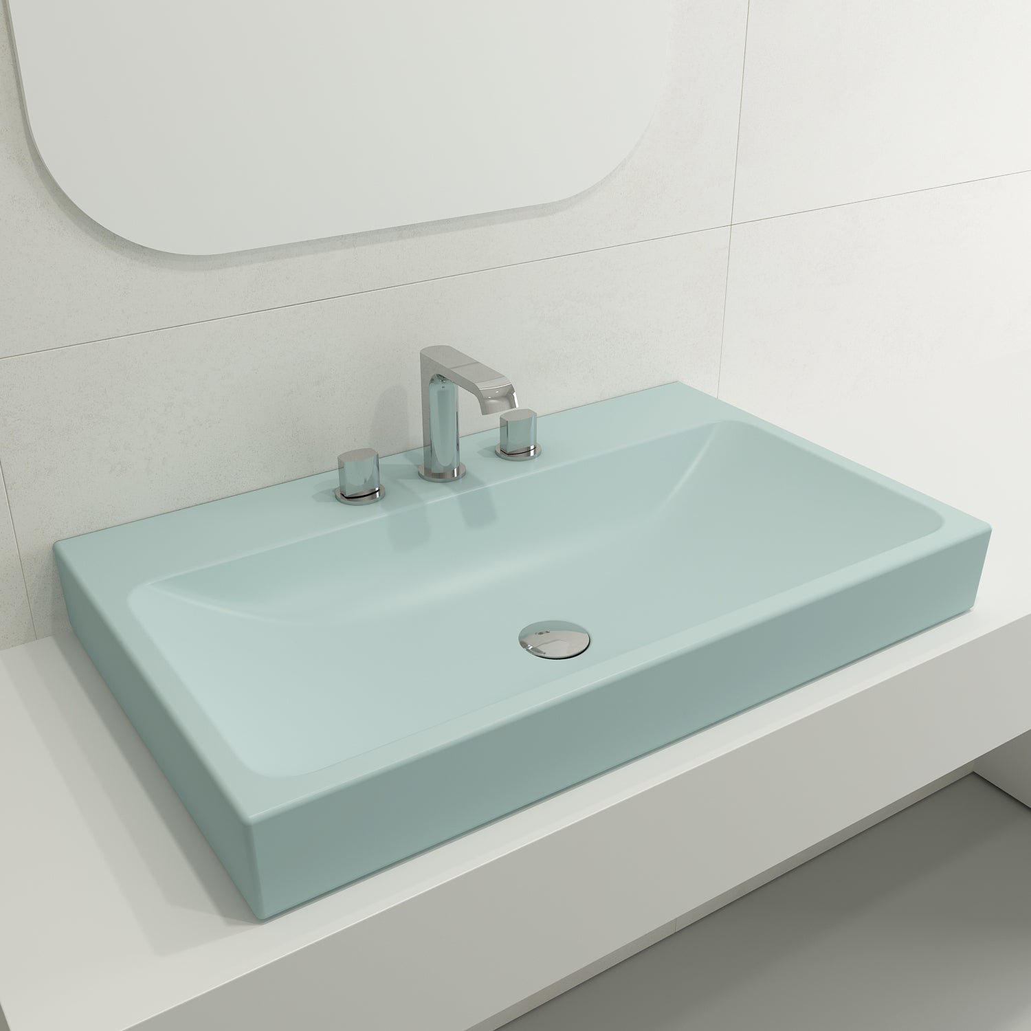 BOCCHI Scala 32" Rectangle Wallmount Fireclay Bathroom Sink, Matte Ice Blue, 3 Faucet Hole, 1078-029-0127