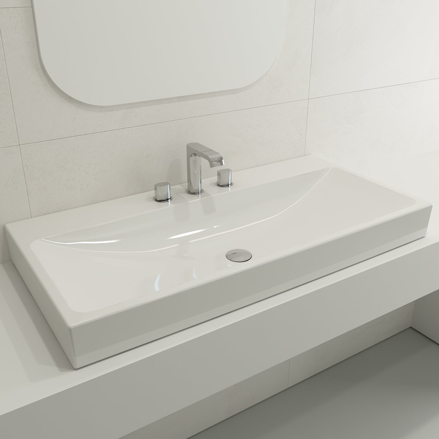 BOCCHI Scala 40" Rectangle Wallmount Fireclay Bathroom Sink, White, 3 Faucet Hole, 1079-001-0127