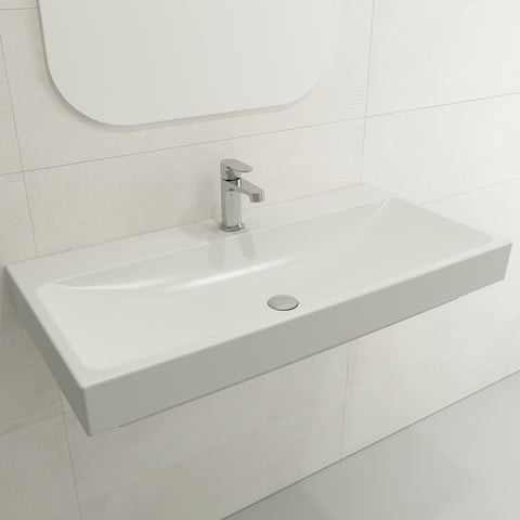 BOCCHI Scala 40" Rectangle Wallmount Fireclay Bathroom Sink, Matte White, Single Faucet Hole, 1079-002-0126