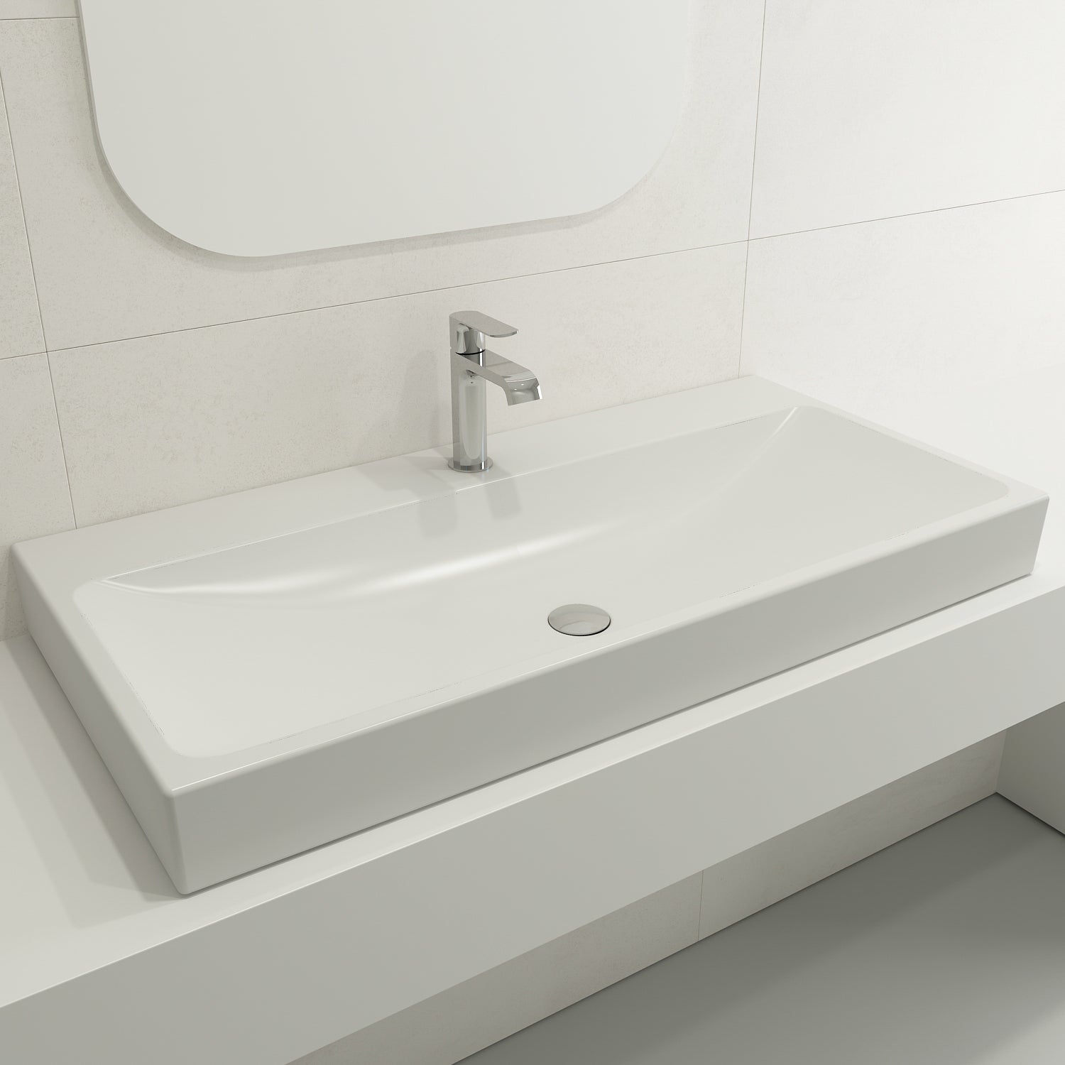 BOCCHI Scala 40" Rectangle Wallmount Fireclay Bathroom Sink, Matte White, Single Faucet Hole, 1079-002-0126