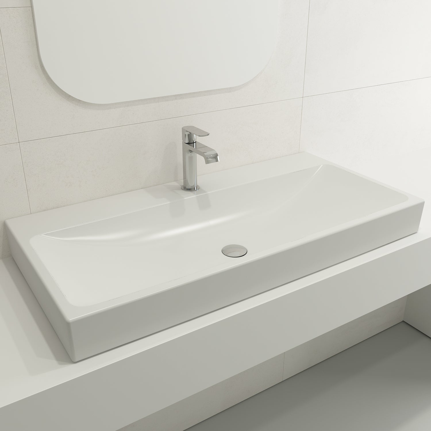 BOCCHI Scala 40" Rectangle Wallmount Fireclay Bathroom Sink, Matte White, Single Faucet Hole, 1079-002-0126