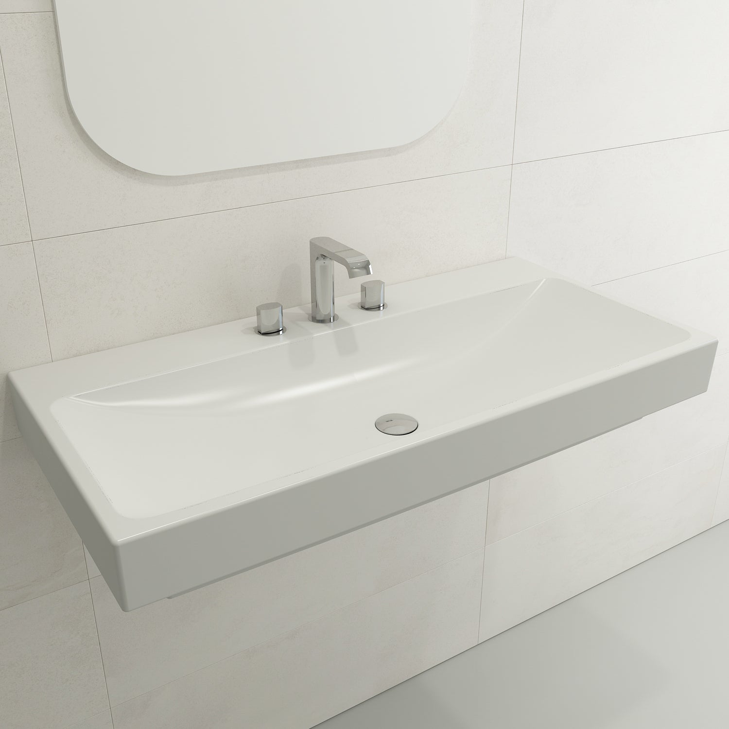 BOCCHI Scala 40" Rectangle Wallmount Fireclay Bathroom Sink, Matte White, 3 Faucet Hole, 1079-002-0127