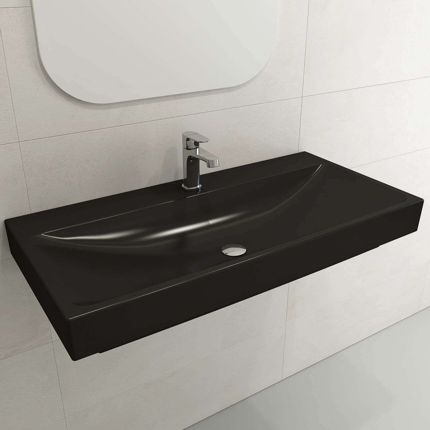 BOCCHI Scala 40" Rectangle Wallmount Fireclay Bathroom Sink, Matte Black, Single Faucet Hole, 1079-004-0126
