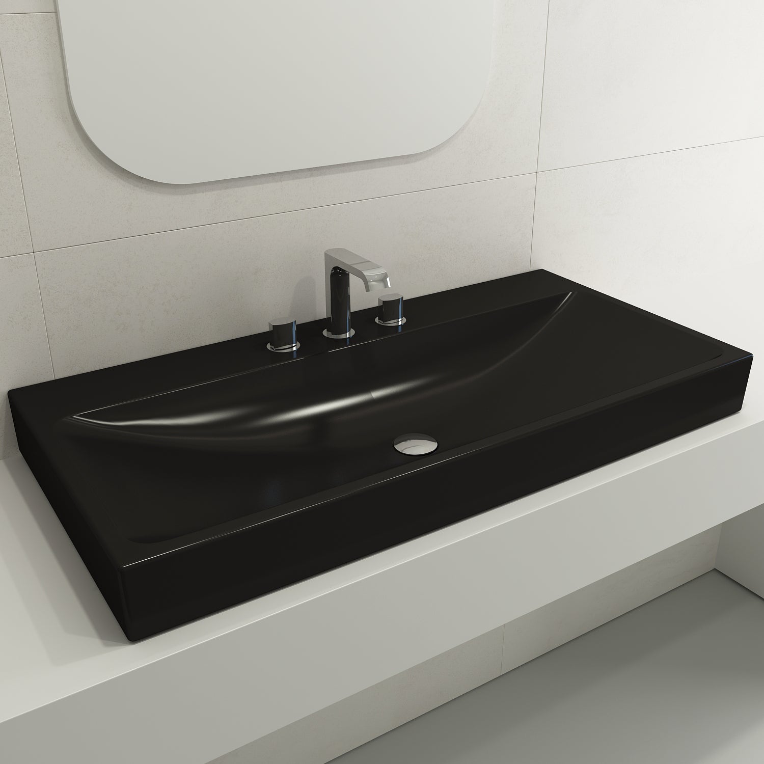 BOCCHI Scala 40" Rectangle Wallmount Fireclay Bathroom Sink, Matte Black, 3 Faucet Hole, 1079-004-0127