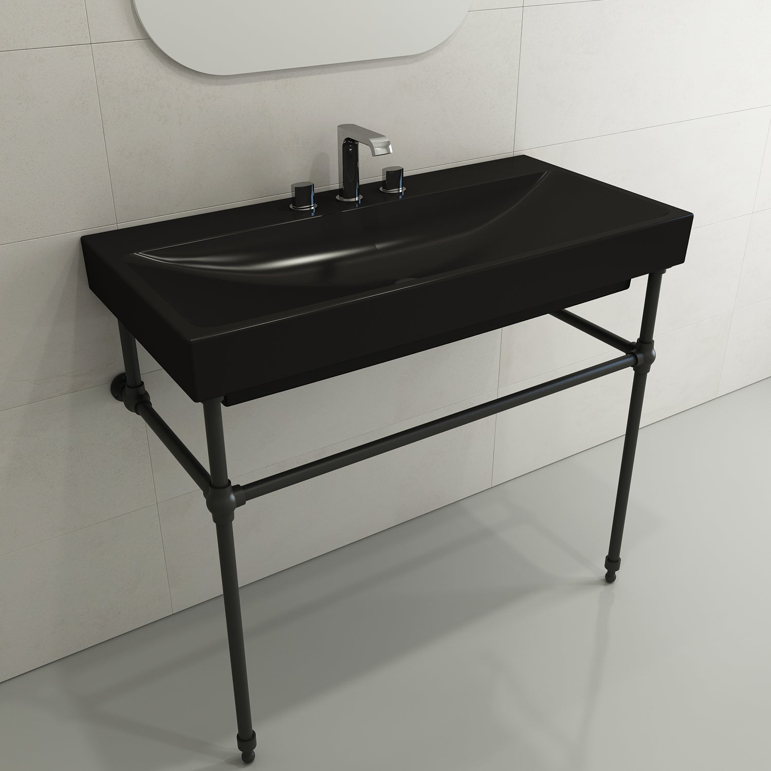BOCCHI Scala 40" Rectangle Wallmount Fireclay Bathroom Sink, Matte Black, 3 Faucet Hole, 1079-004-0127