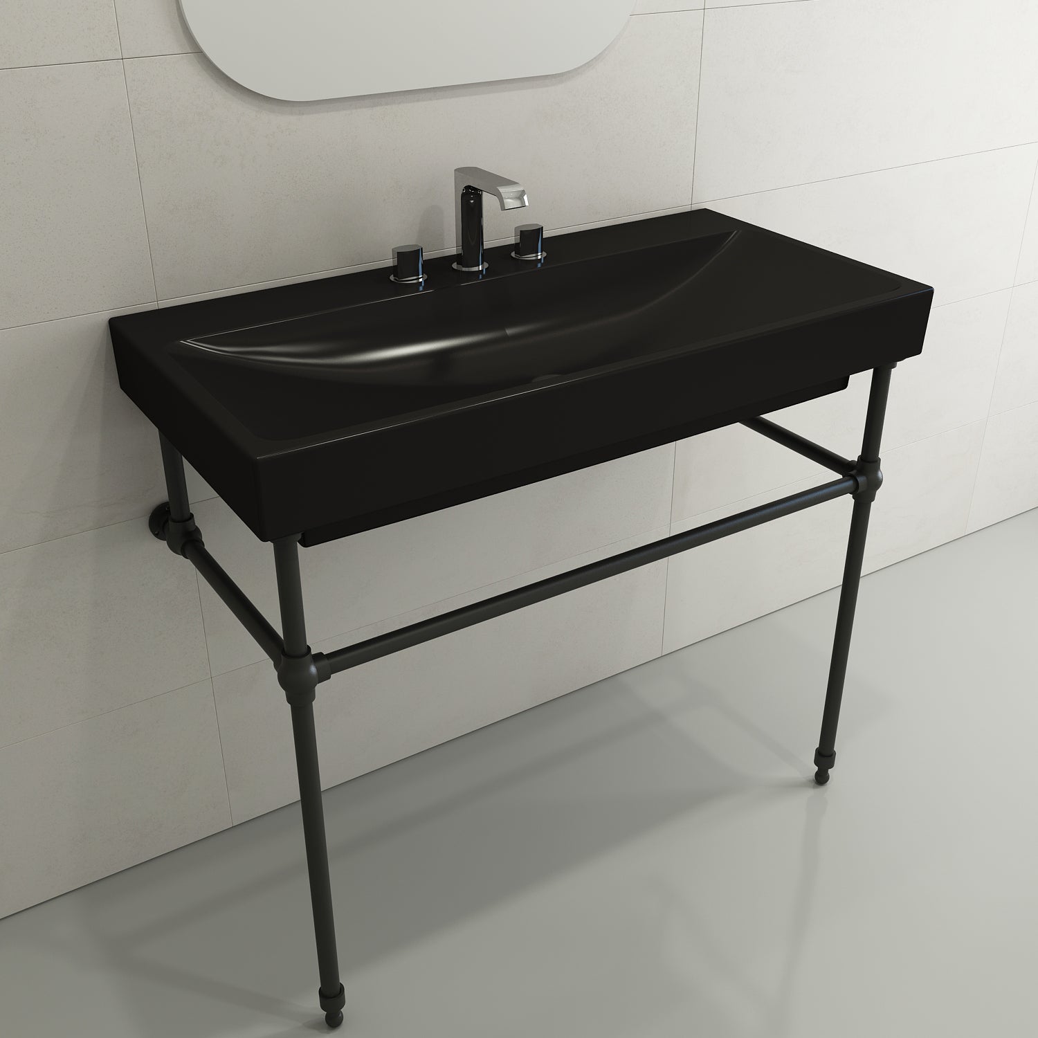 BOCCHI Scala 40" Rectangle Wallmount Fireclay Bathroom Sink, Matte Black, 3 Faucet Hole, 1079-004-0127