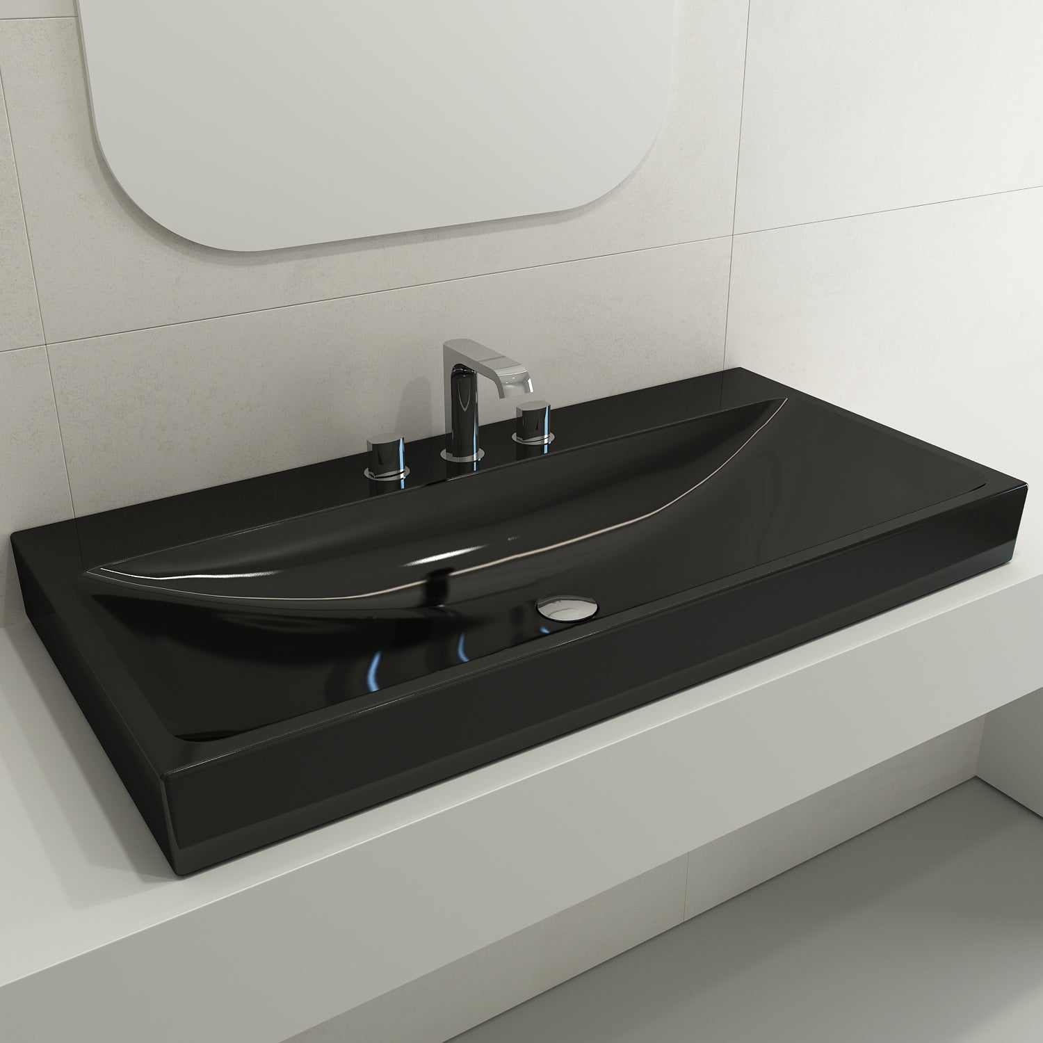 BOCCHI Scala 40" Rectangle Wallmount Fireclay Bathroom Sink, Black, 3 Faucet Hole, 1079-005-0127