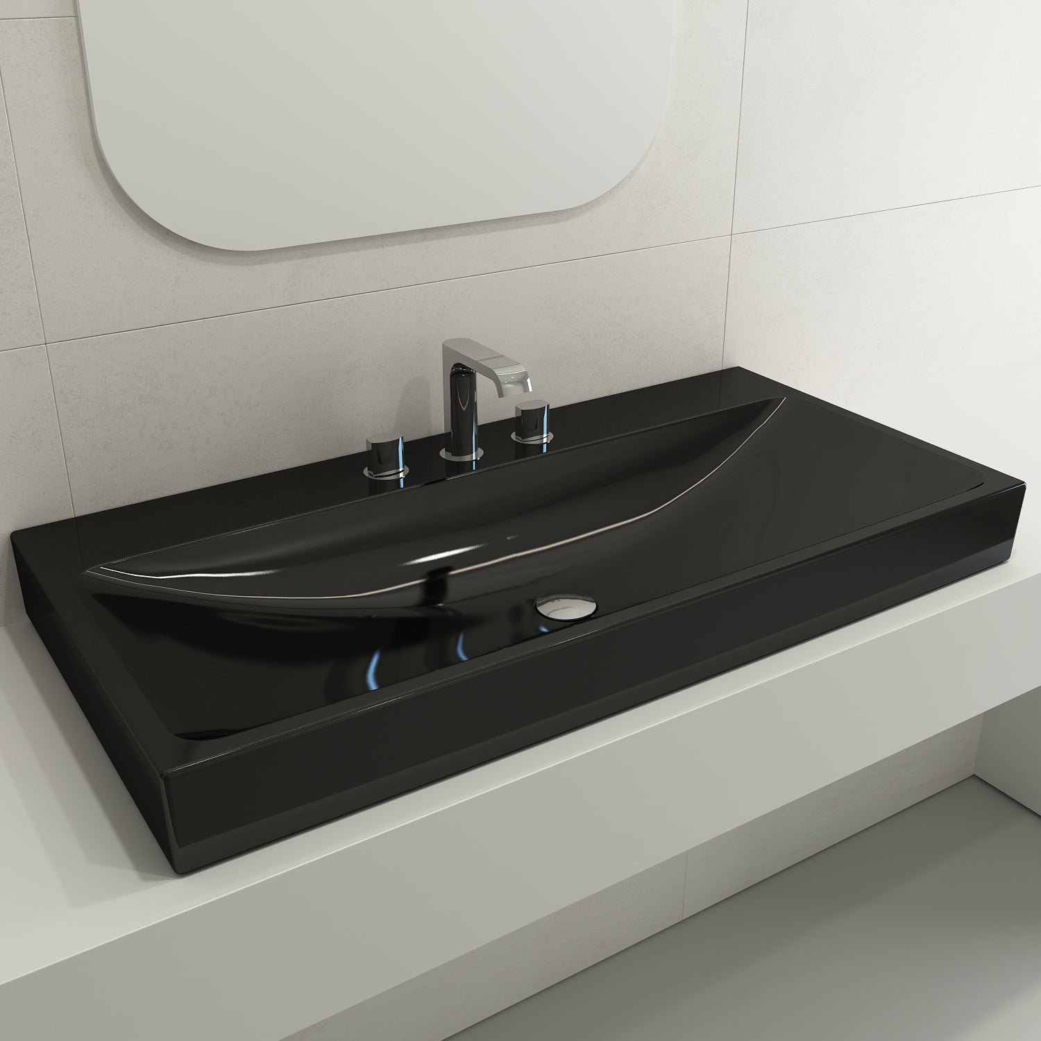 BOCCHI Scala 40" Rectangle Wallmount Fireclay Bathroom Sink, Black, 3 Faucet Hole, 1079-005-0127