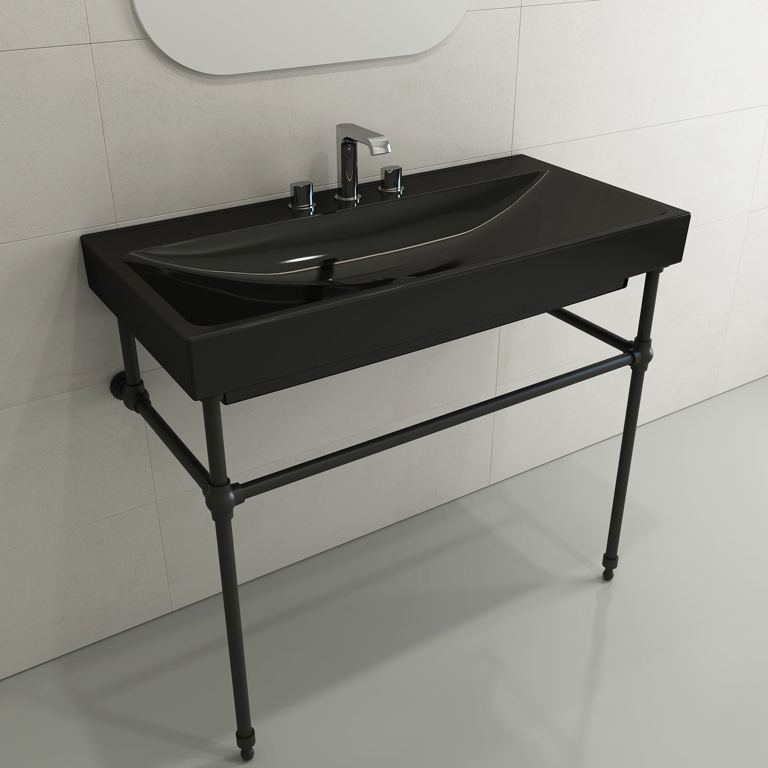 BOCCHI Scala 40" Rectangle Wallmount Fireclay Bathroom Sink, Black, 3 Faucet Hole, 1079-005-0127