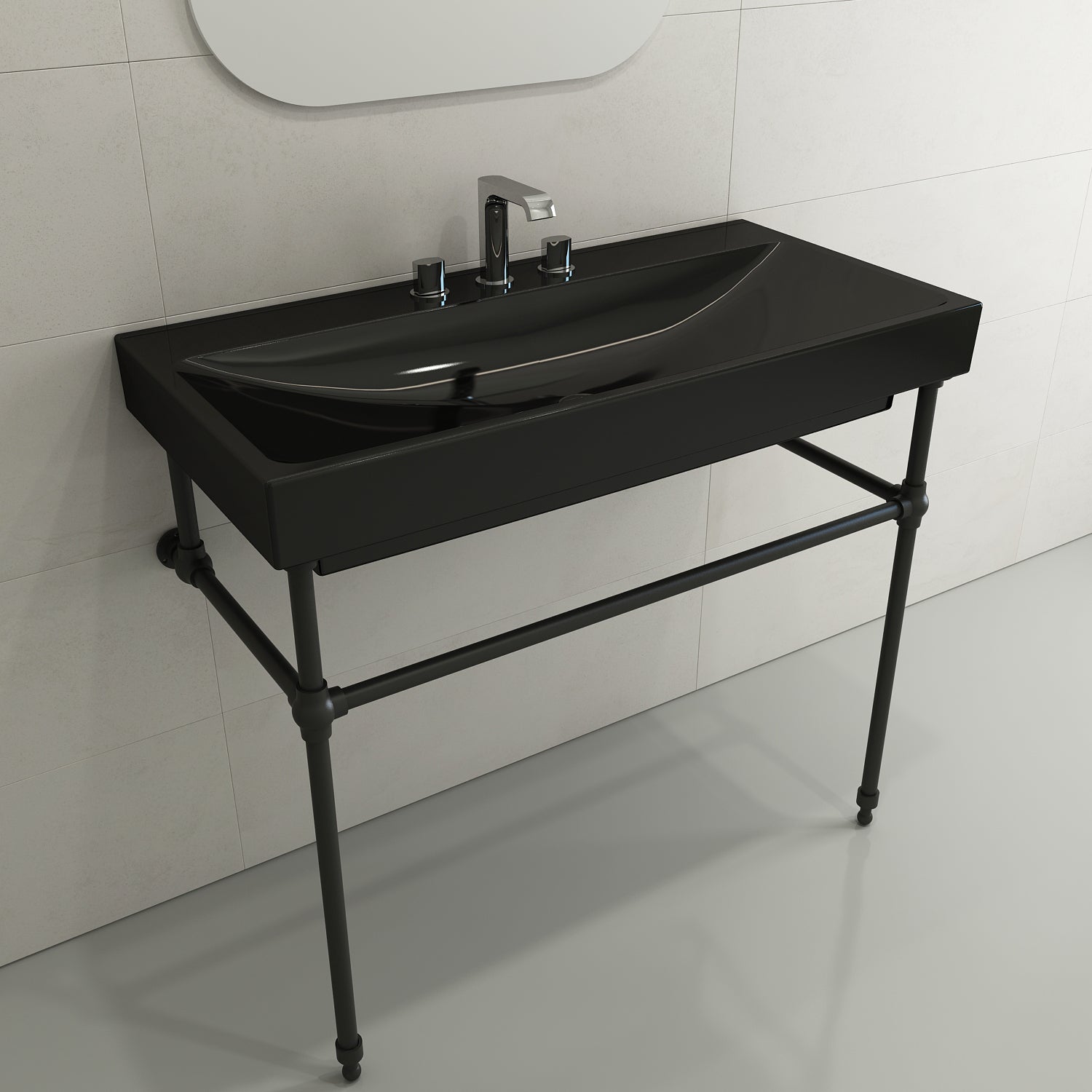 BOCCHI Scala 40" Rectangle Wallmount Fireclay Bathroom Sink, Black, 3 Faucet Hole, 1079-005-0127