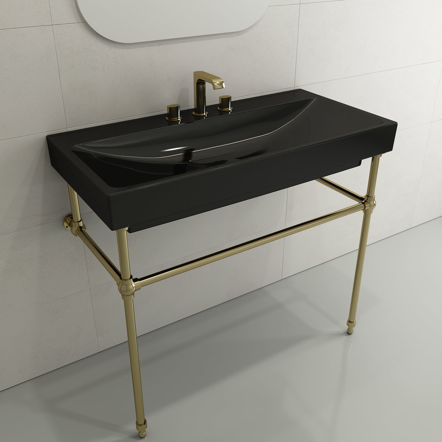 BOCCHI Scala 40" Rectangle Wallmount Fireclay Bathroom Sink, Black, 3 Faucet Hole, 1079-005-0127