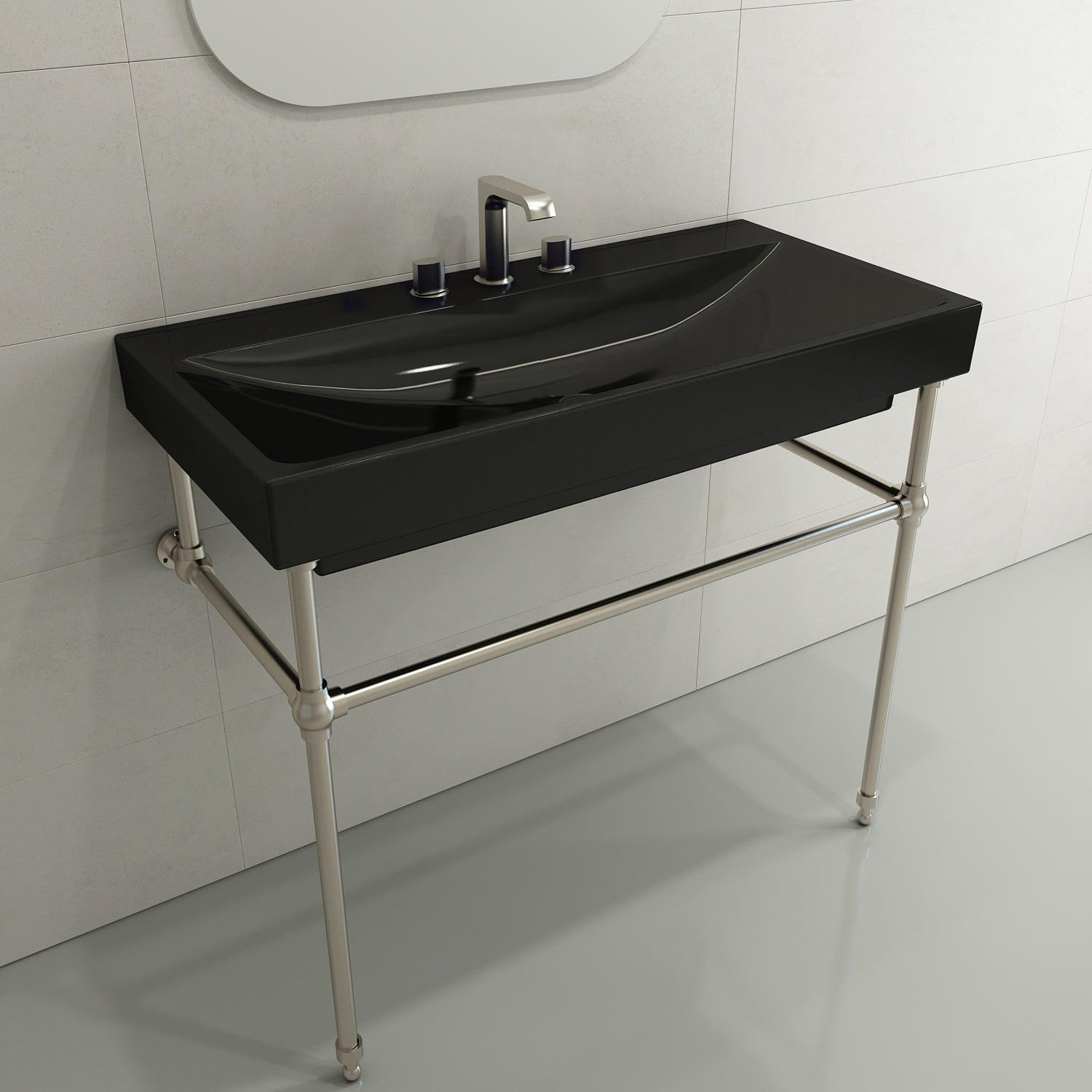 BOCCHI Scala 40" Rectangle Wallmount Fireclay Bathroom Sink, Black, 3 Faucet Hole, 1079-005-0127