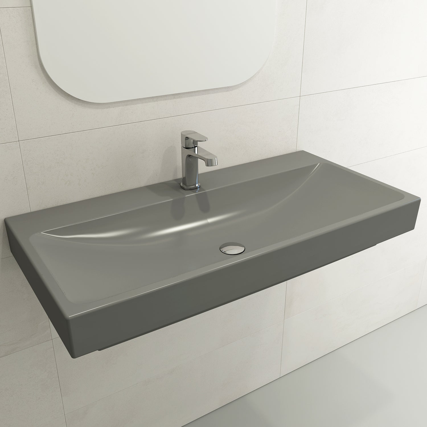 BOCCHI Scala 40" Rectangle Wallmount Fireclay Bathroom Sink, Matte Gray, Single Faucet Hole, 1079-006-0126
