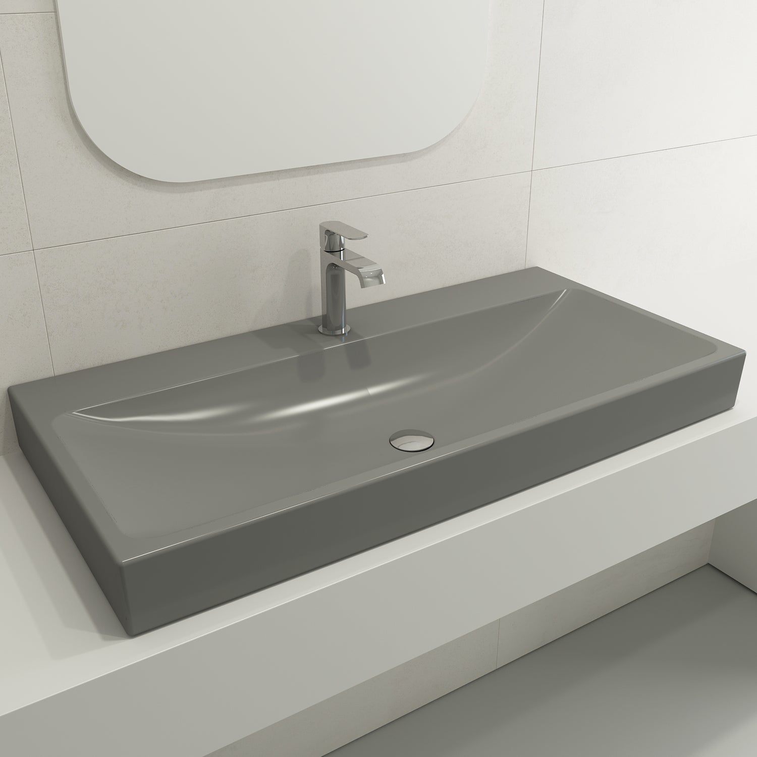 BOCCHI Scala 40" Rectangle Wallmount Fireclay Bathroom Sink, Matte Gray, Single Faucet Hole, 1079-006-0126