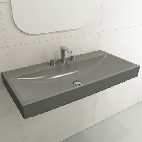 BOCCHI Scala 40" Rectangle Wallmount Fireclay Bathroom Sink, Matte Gray, 3 Faucet Hole, 1079-006-0127