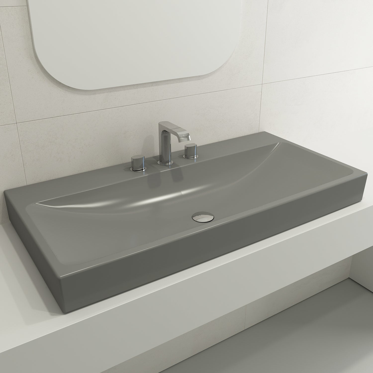 BOCCHI Scala 40" Rectangle Wallmount Fireclay Bathroom Sink, Matte Gray, 3 Faucet Hole, 1079-006-0127