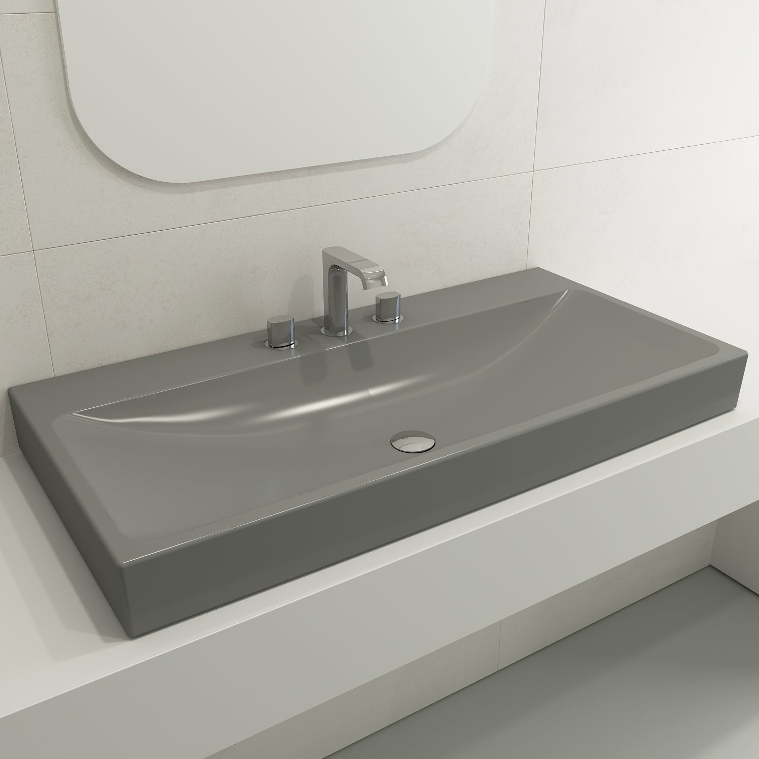 BOCCHI Scala 40" Rectangle Wallmount Fireclay Bathroom Sink, Matte Gray, 3 Faucet Hole, 1079-006-0127