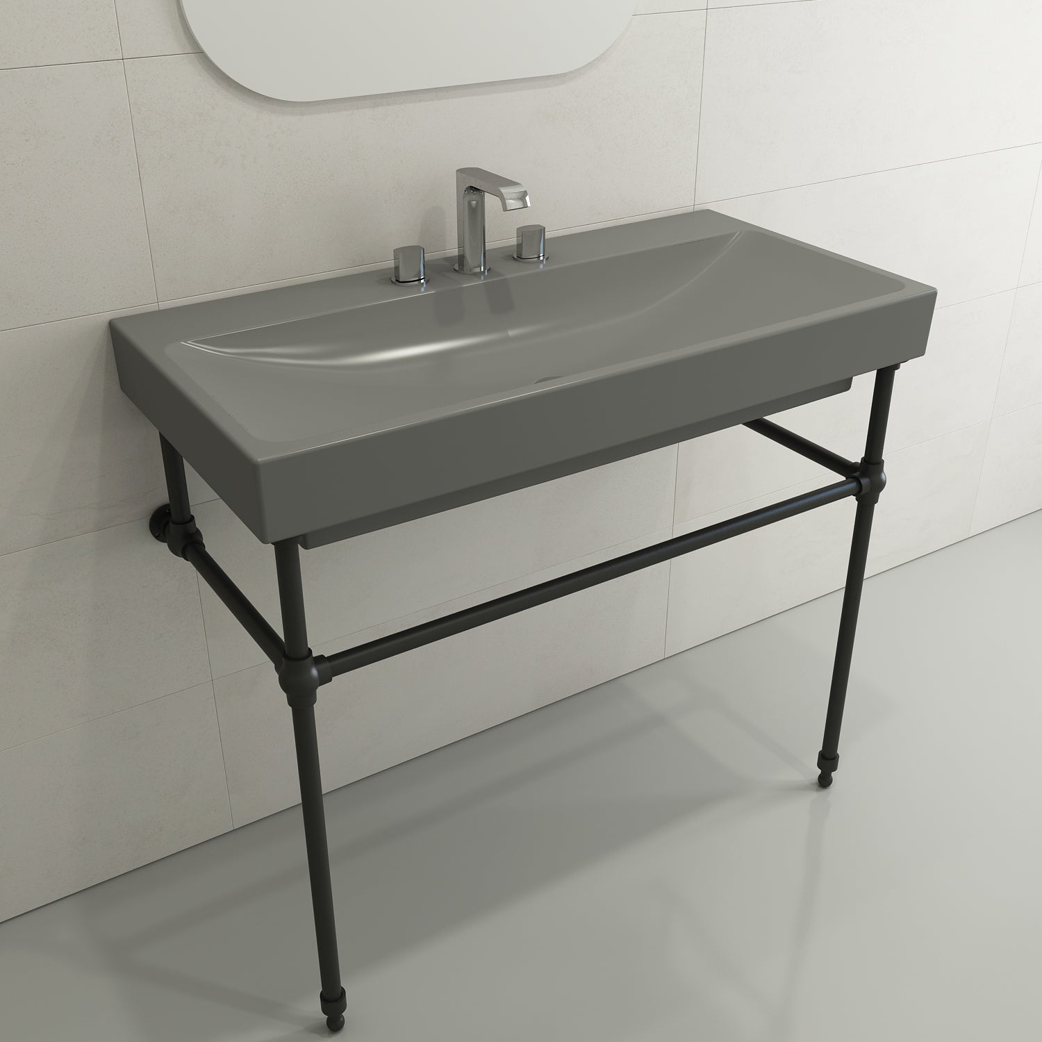 BOCCHI Scala 40" Rectangle Wallmount Fireclay Bathroom Sink, Matte Gray, 3 Faucet Hole, 1079-006-0127
