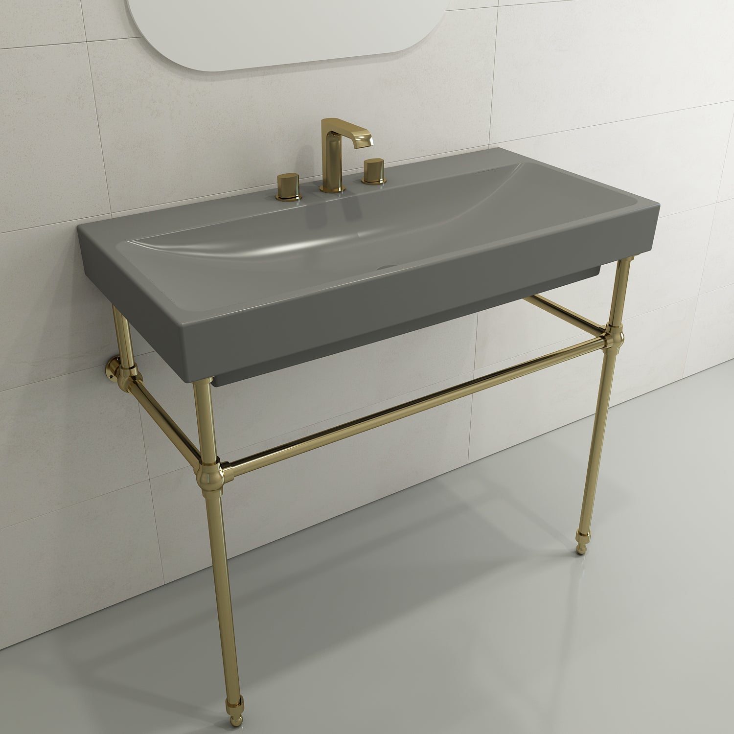 BOCCHI Scala 40" Rectangle Wallmount Fireclay Bathroom Sink, Matte Gray, 3 Faucet Hole, 1079-006-0127