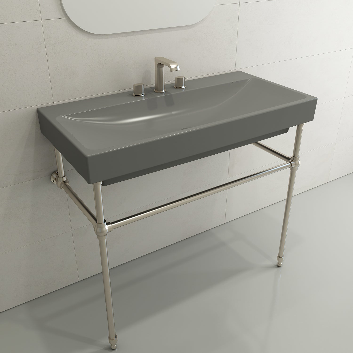 BOCCHI Scala 40" Rectangle Wallmount Fireclay Bathroom Sink, Matte Gray, 3 Faucet Hole, 1079-006-0127