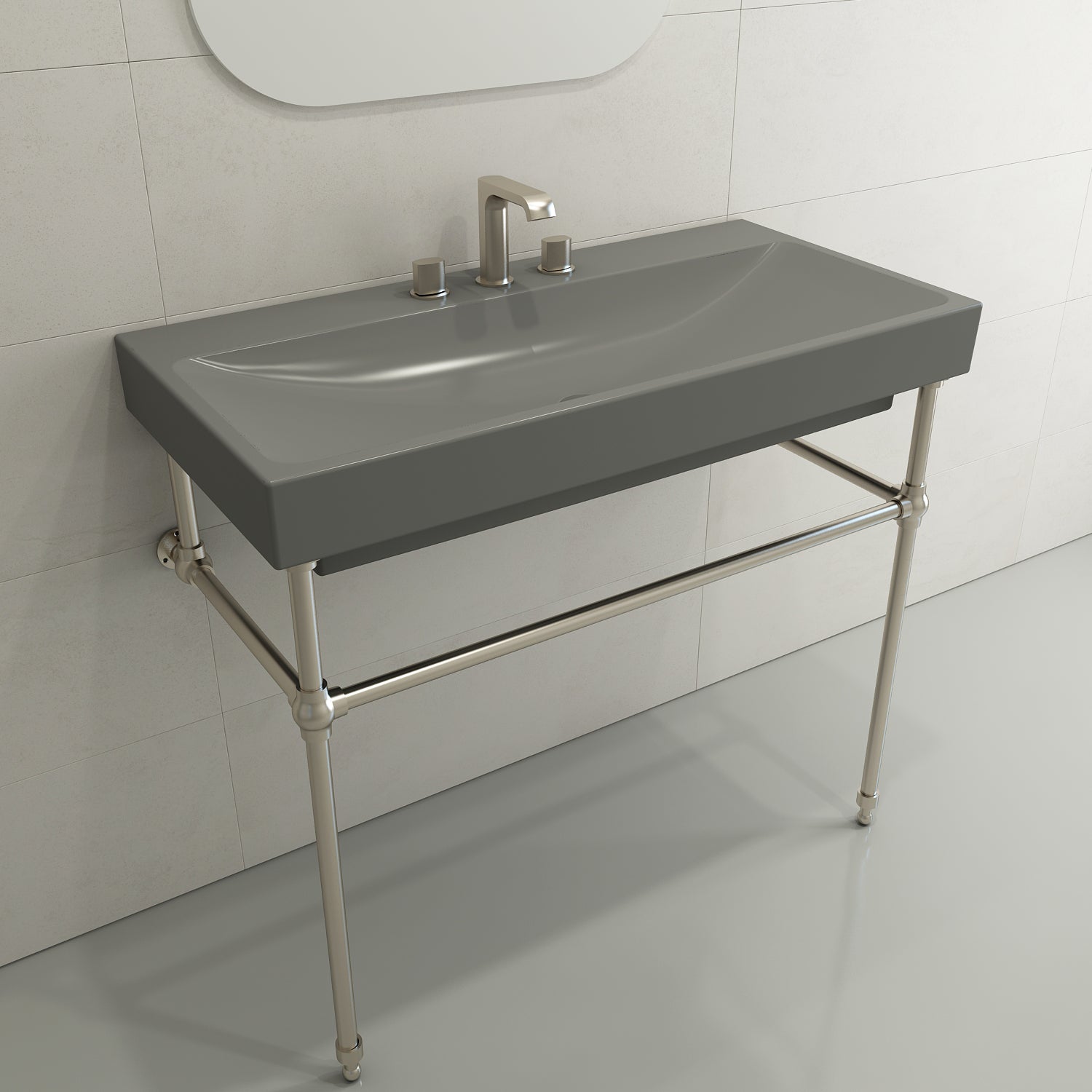 BOCCHI Scala 40" Rectangle Wallmount Fireclay Bathroom Sink, Matte Gray, 3 Faucet Hole, 1079-006-0127