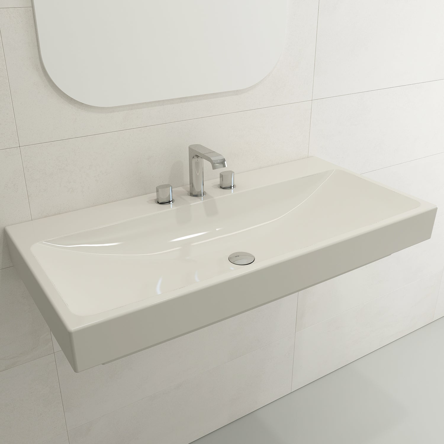 BOCCHI Scala 40" Rectangle Wallmount Fireclay Bathroom Sink, Biscuit, 3 Faucet Hole, 1079-014-0127