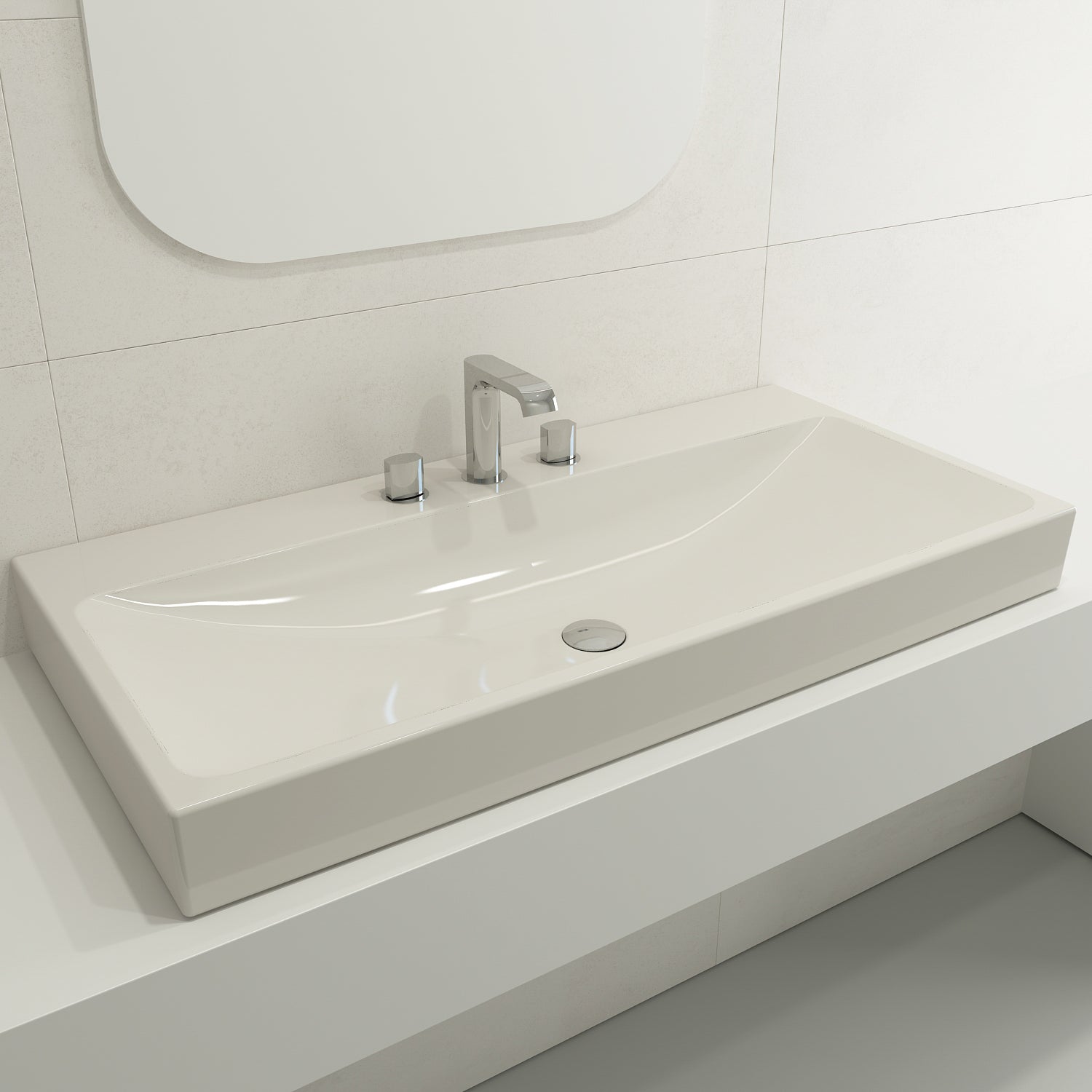 BOCCHI Scala 40" Rectangle Wallmount Fireclay Bathroom Sink, Biscuit, 3 Faucet Hole, 1079-014-0127