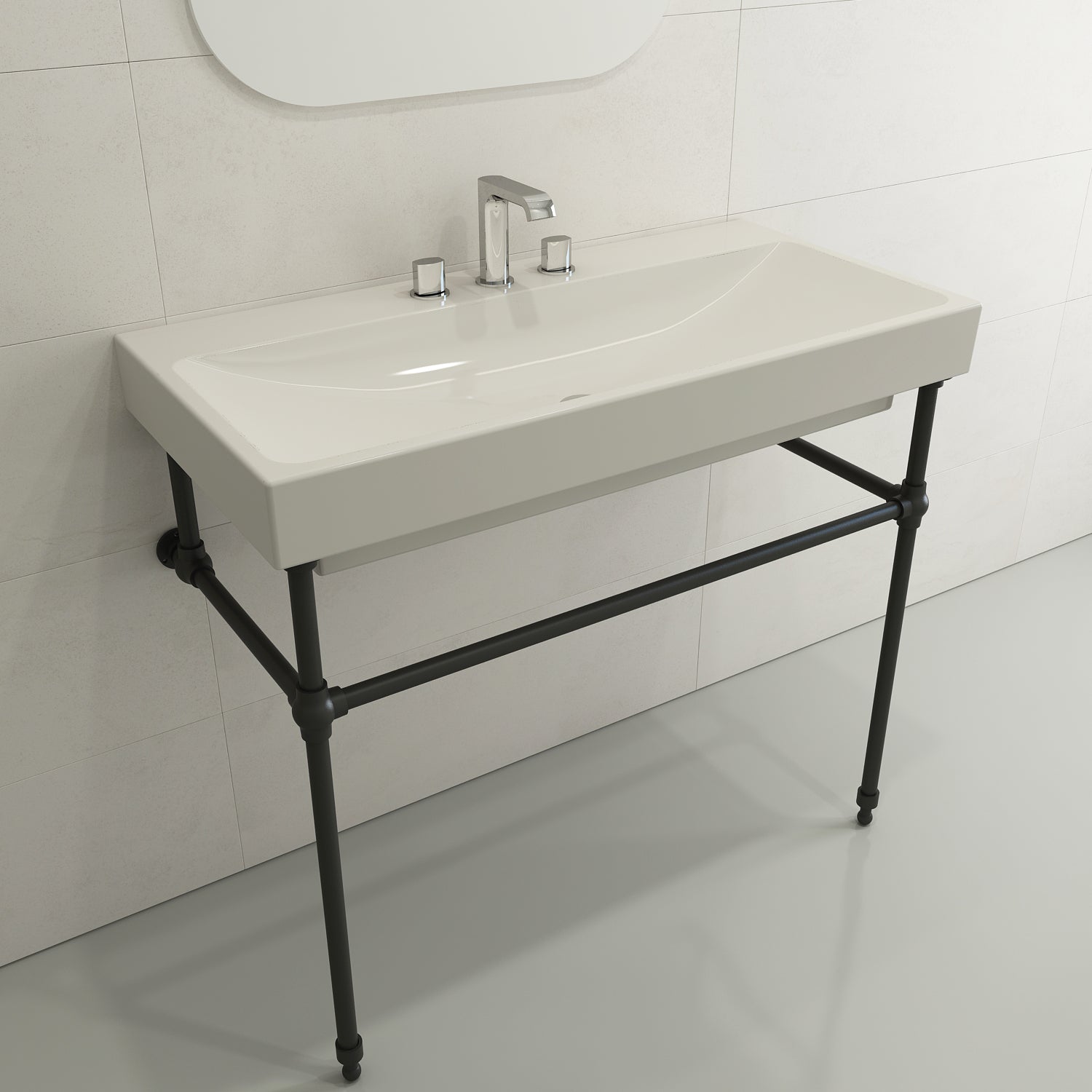 BOCCHI Scala 40" Rectangle Wallmount Fireclay Bathroom Sink, Biscuit, 3 Faucet Hole, 1079-014-0127